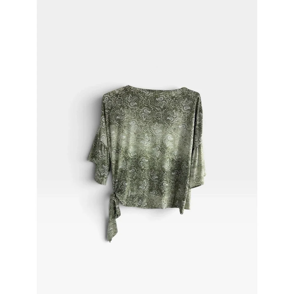 Michael Kors Womens Shirt Size 2XL Green Paisley Relaxed Side Tie Short Sleeve